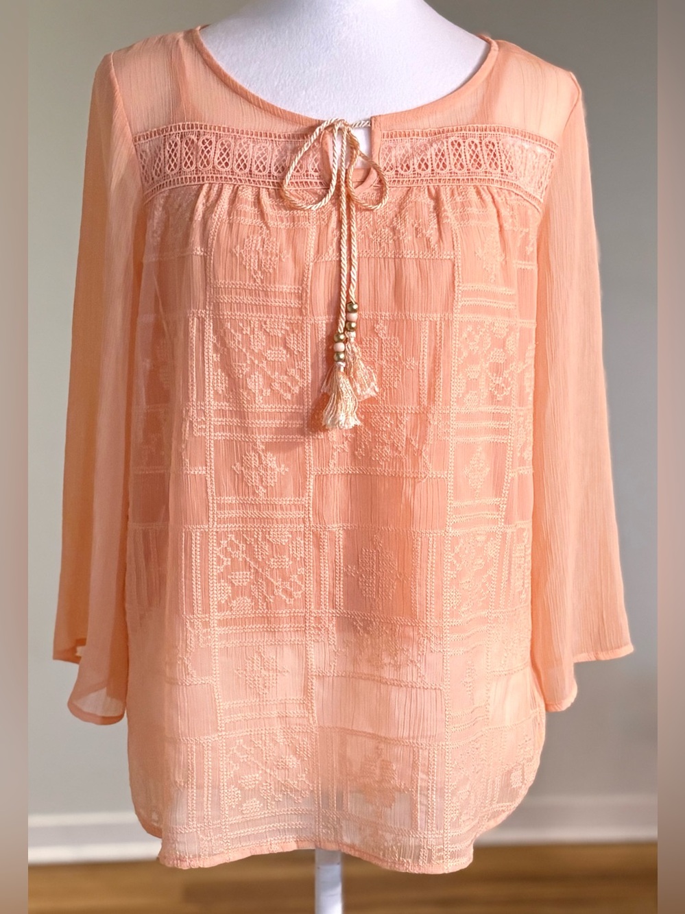 Ruby Road Peasant Boho Sheer Peach Blouse with Camisole, Size Petite Small